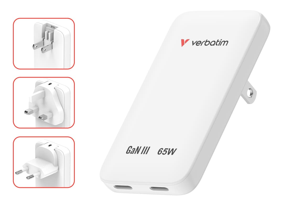 Verbatim Essentials Slim GaN Wall Charger 65W US/EU/UK - White - Image 2