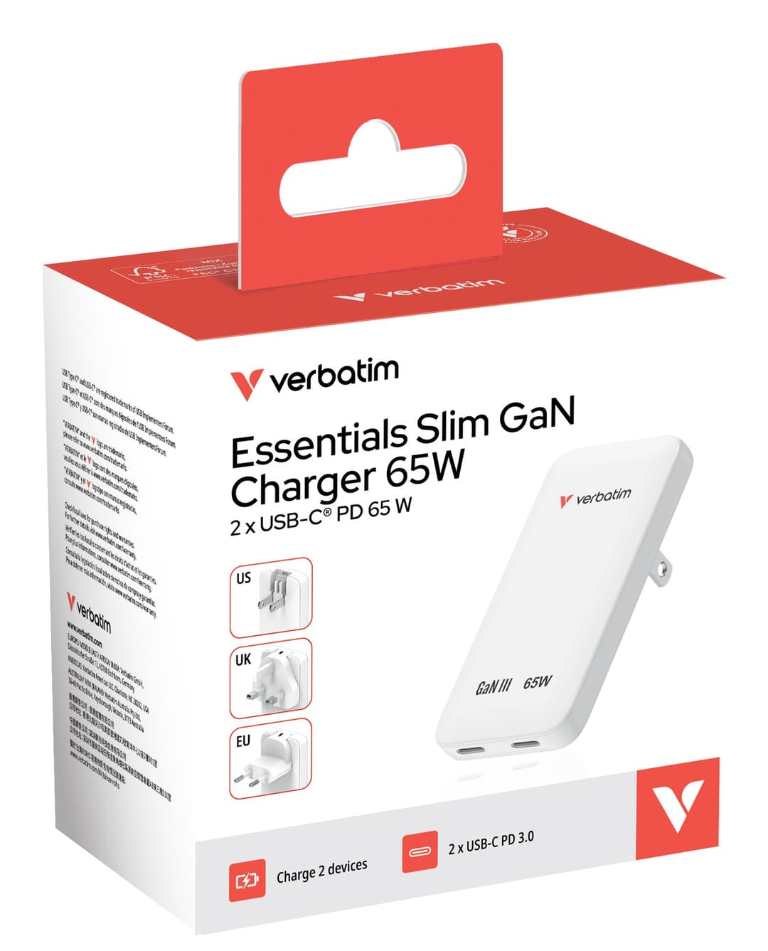Verbatim Essentials Slim GaN Wall Charger 65W US/EU/UK - White - Image 3