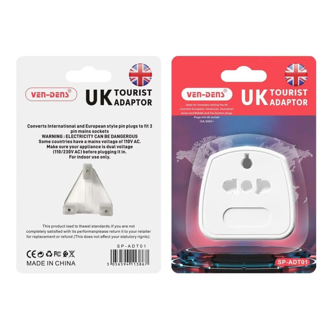 Ven-Dens UK Tourist Adapter, Convert International & European Plugs to UK Sockets, SP-ADT01 - White - Image 2