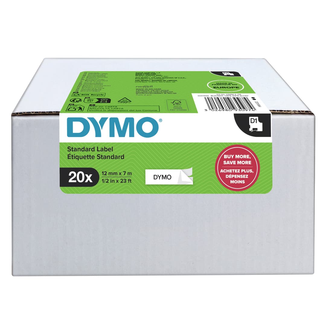 DYMO Authentic D1 Labels | Black Print on White | 12mm x 7m | Self-Adhesive Labels for LabelManager Label Printers | 20 Count - Image 1