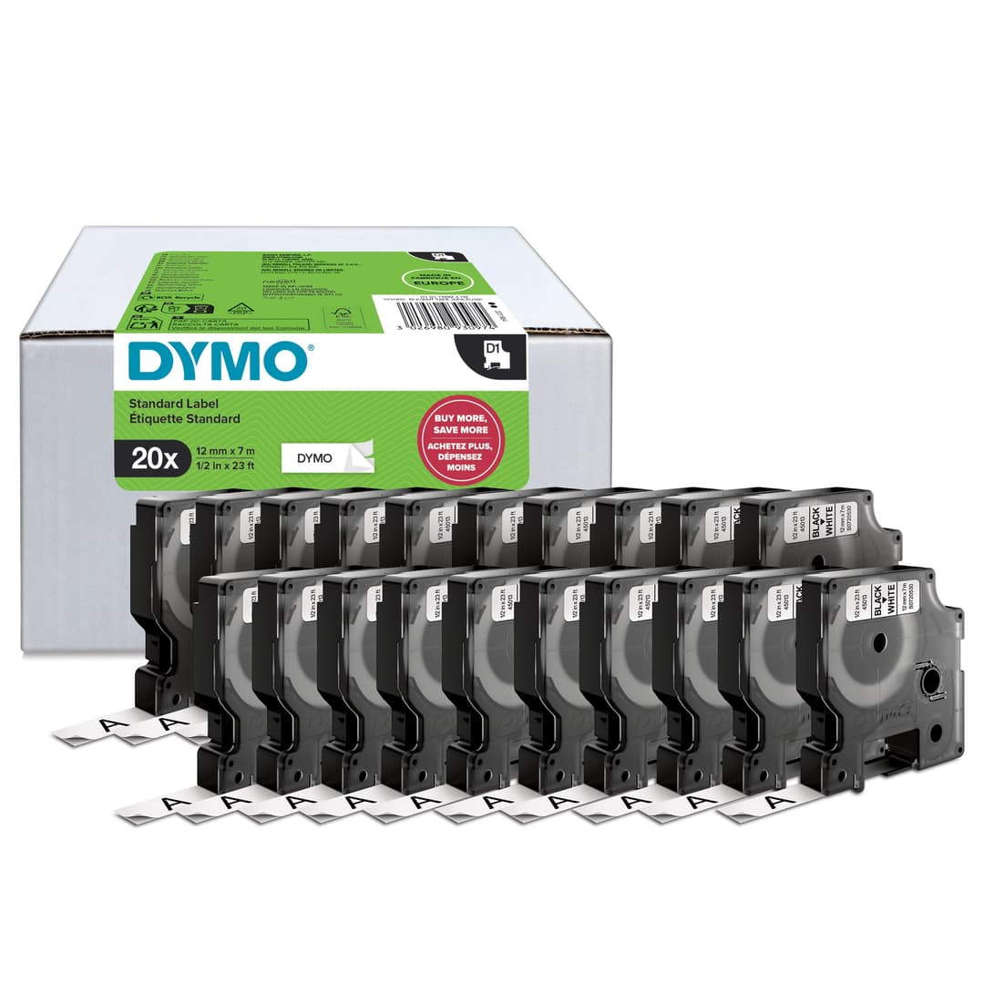 DYMO Authentic D1 Labels | Black Print on White | 12mm x 7m | Self-Adhesive Labels for LabelManager Label Printers | 20 Count - Image 2