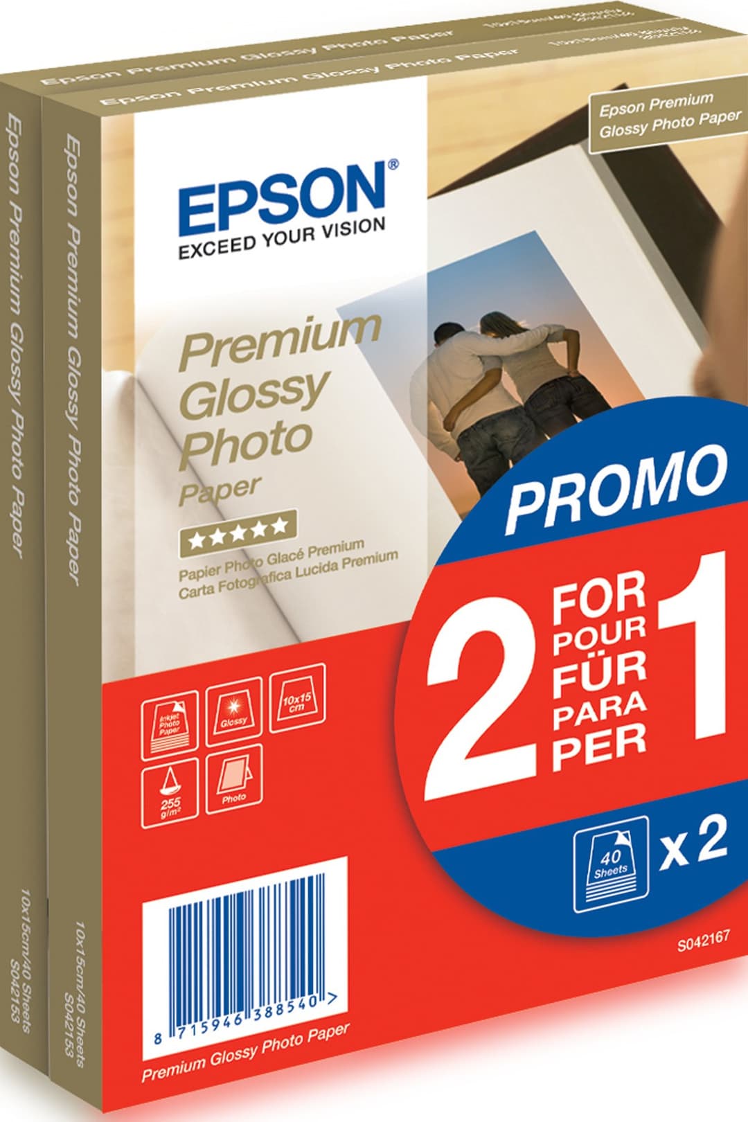 Epson Premium Glossy Photo Paper - 10x15cm - 2x 40 Sheets - Image 1