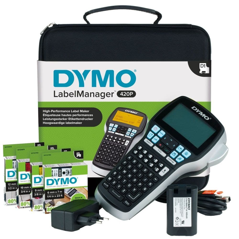 DYMO LabelManager 420P Label Maker Kit (S0915480) with ABC Keyboard, 4 D1 Label Rolls (6/9/12/19 mm x 7 m), Rechargeable Li-ion Battery & Carry Case
