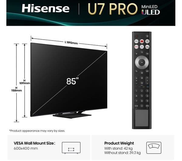 Hisense U7Q PRO 85" Mini LED 4K 165Hz Smart AI TV with Freely - Image 2