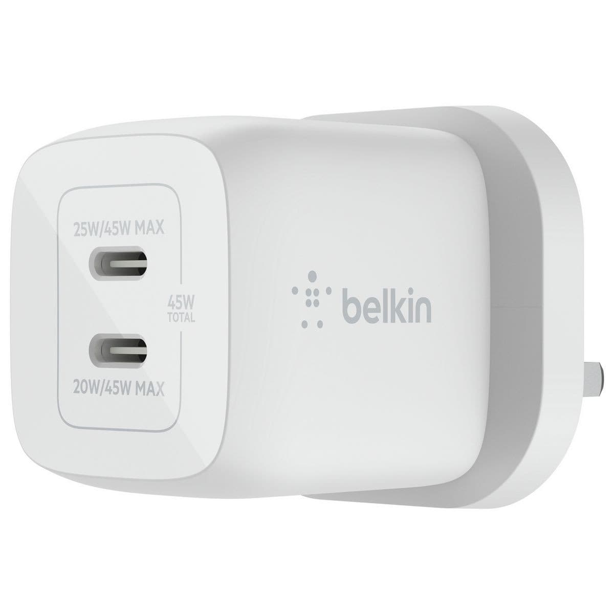 Belkin 45W Power Delivery Dual USB-C GaN Wall Charger-White