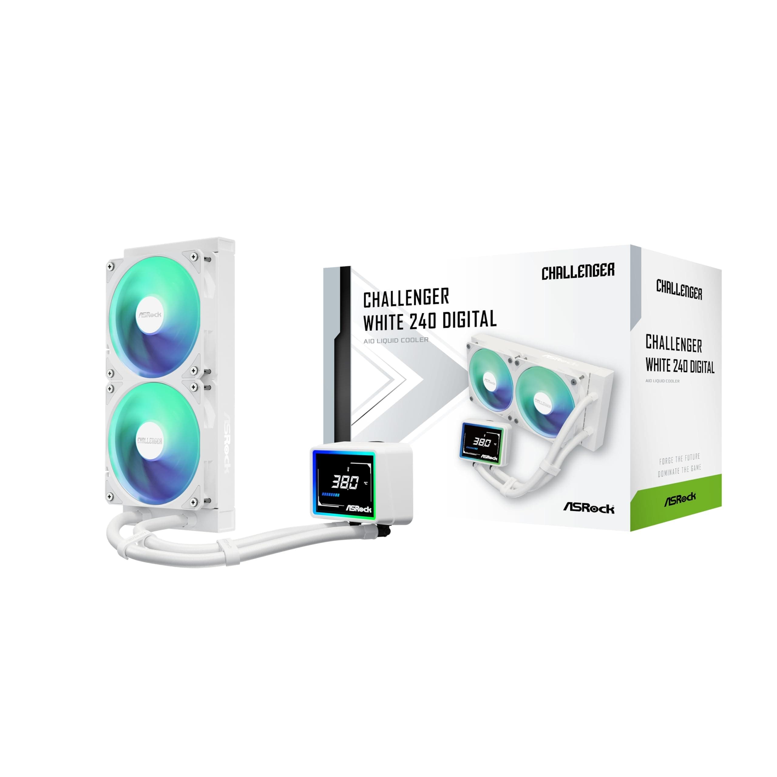 ASRock Challenger 240 Digital Aio Liquid Cpu Cooler, 240Mm Radiator,White, Dual 120Mm Pwm Argb Fans, 3" Digital Display, Intel Lga1700/1851 & Amd Am5/Am4 Compatible