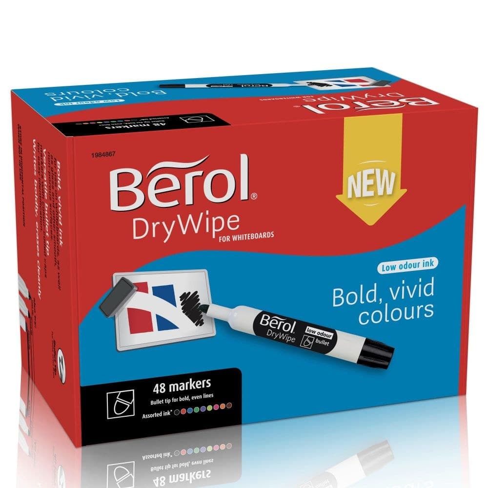 Berol Dry Wipe Whiteboard Marker Pens Assorted colours Bullet Tip Pack of 48 - Image 1