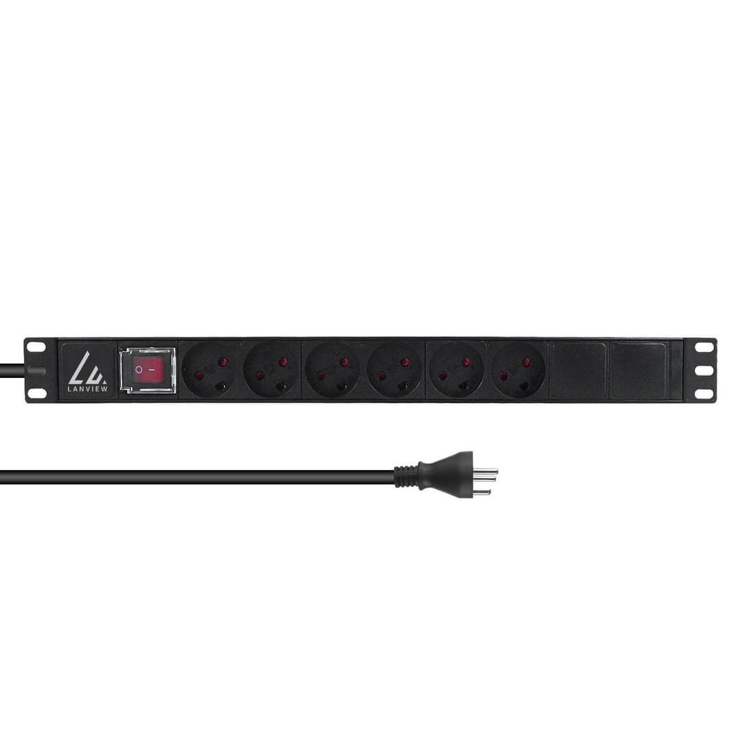 Lanview 19" 1U Rack Mount Power Strip, ON/OFF Switch, 13A, 6 x Danish Type K Sockets, 3m Cable with Type K Plug - Image 1