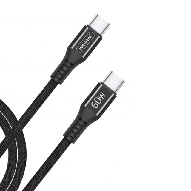 Ven-Dens 60W USB-C to USB-C Charging Cable 1.5M, Nylon Braided, Durable & Fast Charging, VD-DC0019 - Black - Image 1