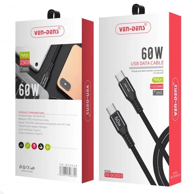 Ven-Dens 60W USB-C to USB-C Charging Cable 1.5M, Nylon Braided, Durable & Fast Charging, VD-DC0019 - Black - Image 2