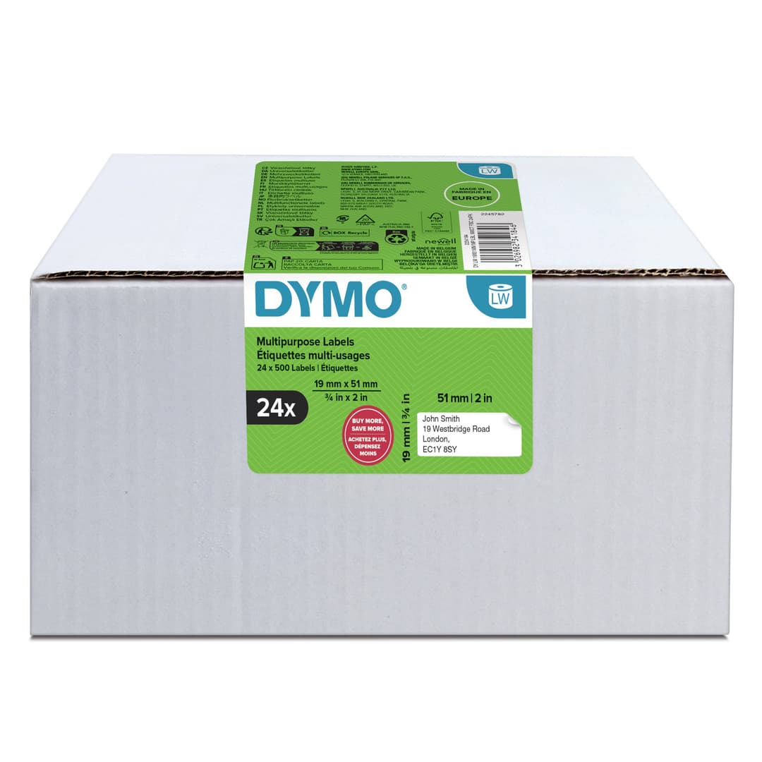 DYMO Authentic LabelWriter Small Multi-Purpose Labels | 19 mm x 51 mm | Self-Adhesive | 24 Rolls of 500 Easy-Peel Labels (12,000 Count) | for LabelWriter Label Makers | Made in Europe - Image 1