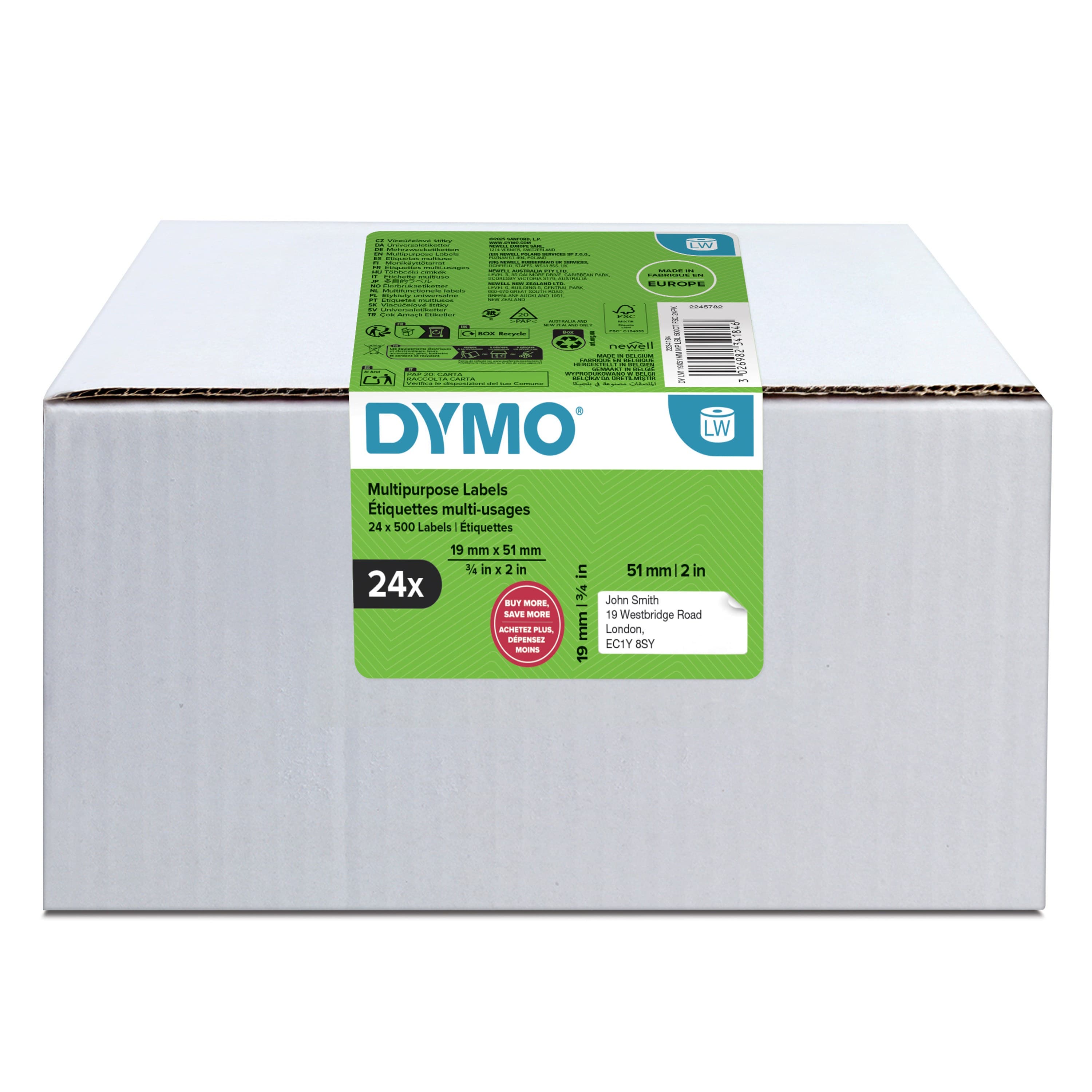 DYMO Authentic LabelWriter 11355 Small Multi-Purpose Labels | 19 mm x 51 mm | Self-Adhesive | 24 Rolls of 500 Easy-Peel Labels (12,000 Count) | for LabelWriter Label Makers | Made in Europe
