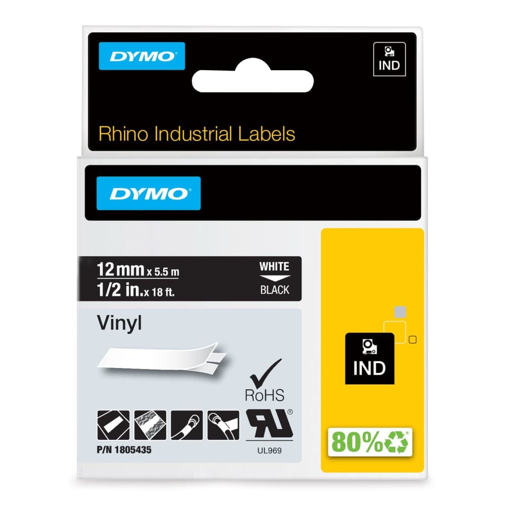 Dymo 1805435 Rhino Industrial 12mm x 5.5m Vinyl Label Tape White on Black - Image 1