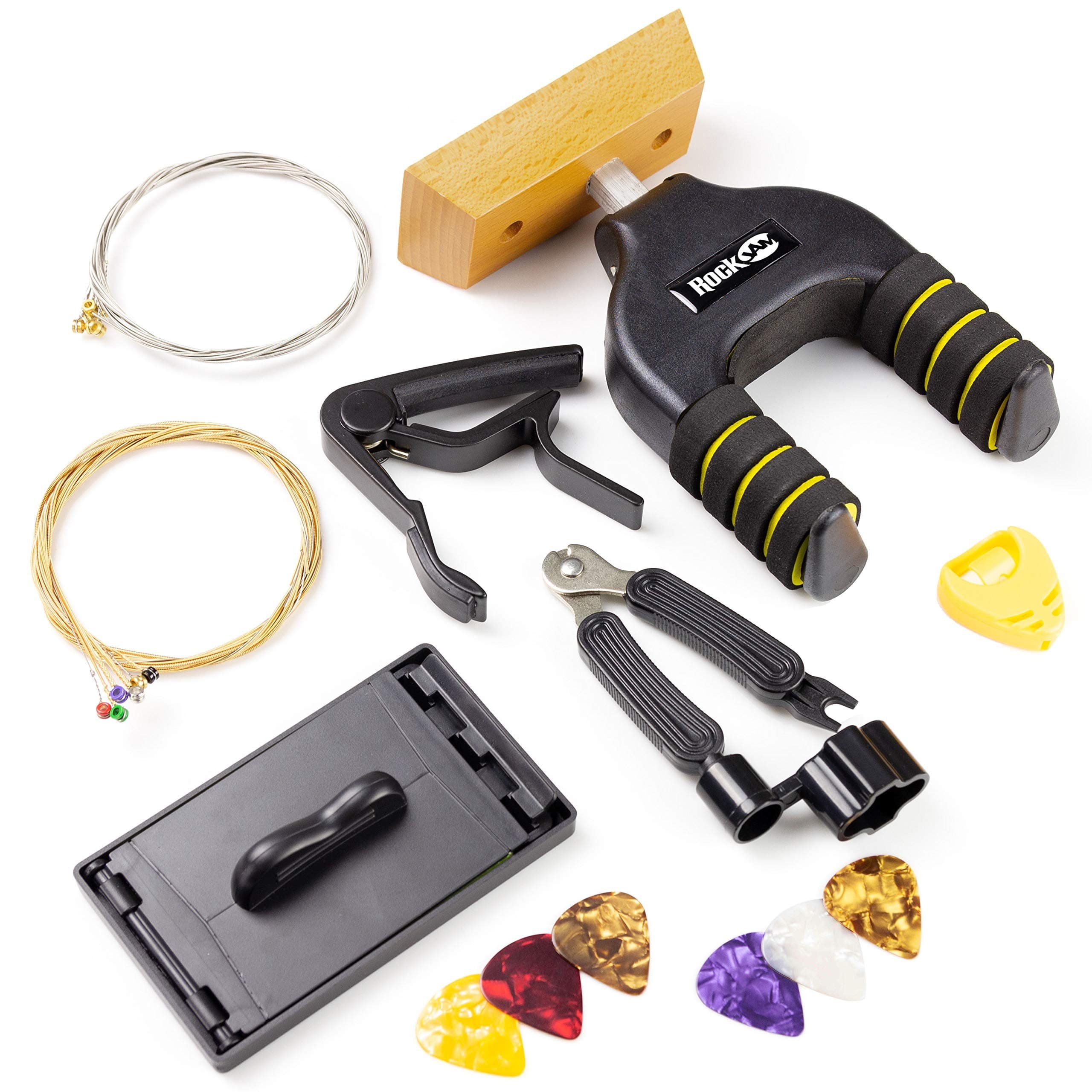Rockjam Universal Guitar Accessoires Super-kit avec support mural de guitare, cordes de guitare électrique, chaînes de guitare acoustique, tuner à guitare multi-outil, guitare capo, guitare plectrums et support de guitare
