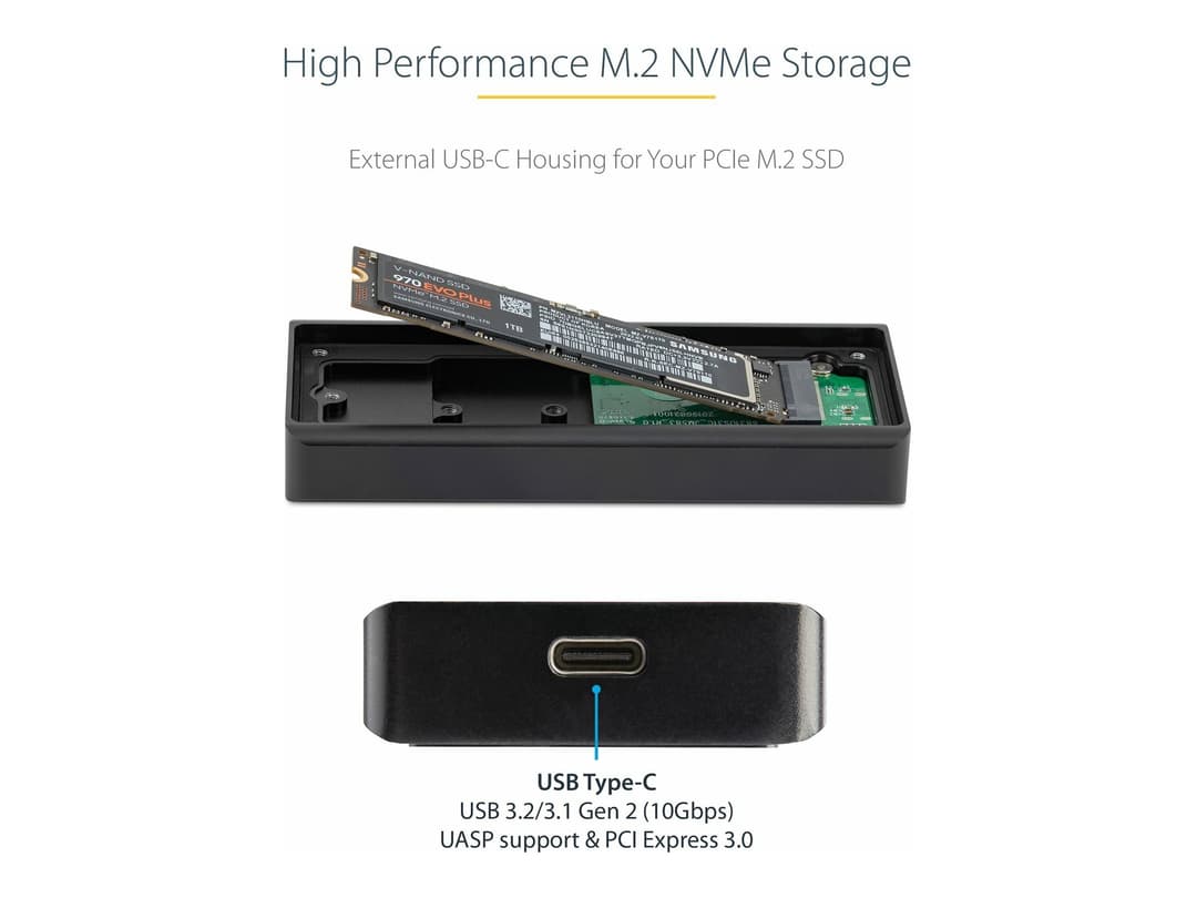 StarTech.com USB-C 10Gbps M.2 NVMe PCIe SSD Enclosure, Rugged Aluminum External M.2 PCIe M-Key Case IP67 Rated, 1GB/s Read/Write, Supports 2230/2242/2260/2280, TB3 Compatible, Mac/PC - 1.6ft USB-C Cable Incl - storage enclosure - M.2 Card - USB 3.2 (Gen 2 - Image 1