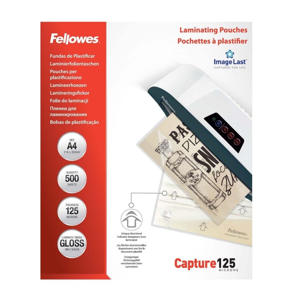 Fellowes A4 Laminating Pouches Gloss Finish 500 Sheets 125 Micron High Quality Finish - Image 1