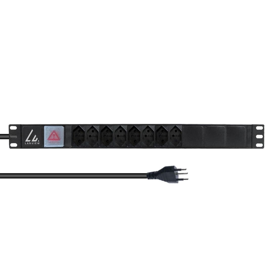 Lanview 19" 1U Rack Mount Power Strip, 8 x Swiss Type J Sockets, Switch, 2m Cable, 10A, Black - Image 1