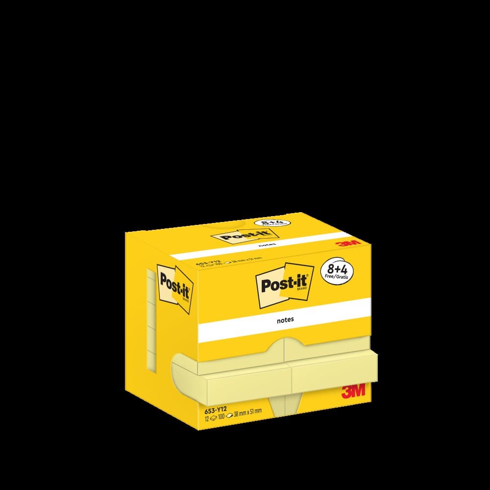 Post-it Pack of 8 Notes Canary Yellow 38x51mm 100 Sheets (+4 Free) - Image 1