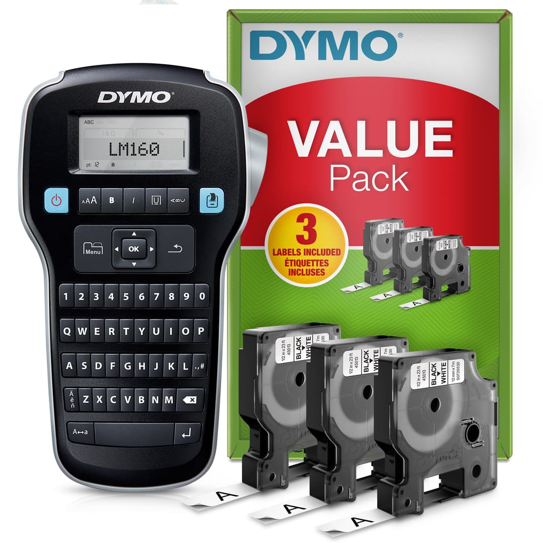 DYMO LabelManager 160 Label Maker Starter Kit with 3 rolls of D1 Label Tape | Handheld Label Printer Machine | QWERTY Keyboard | Ideal for Office or Home - Image 1