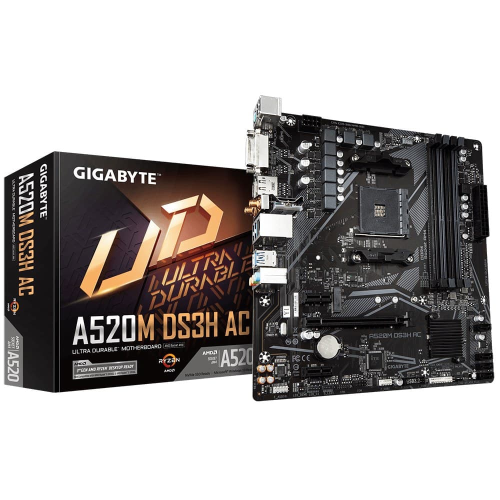 GIGABYTE A520M DS3H AC Motherboard - AMD Ryzen 5000 Series CPUs, 5+3 Phases VRM, up to 4733MHz DDR5 (OC), 1xPCIe 3.0 M.2, GbE LAN, WIFI 5, USB 3.2 Gen 1 - Image 1