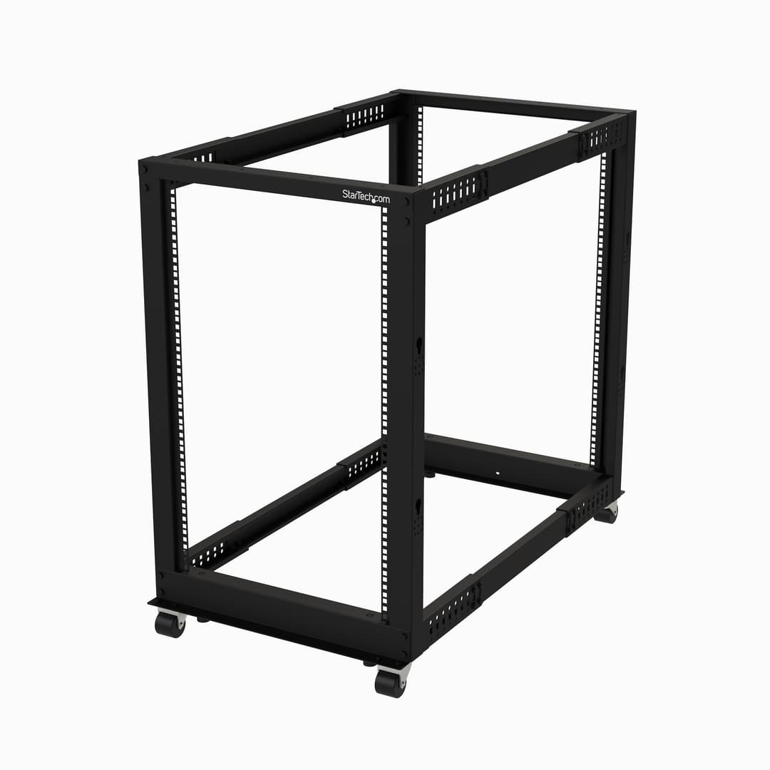 StarTech.com 4-Post 18U Mobile Open Frame Server Rack, Four Post 19" Network Rack with Wheels, Rolling Rack with Adjustable Depth for Computer/AV/Data/IT Equipment - Casters, Leveling Feet or Floor Mounting - Image 1