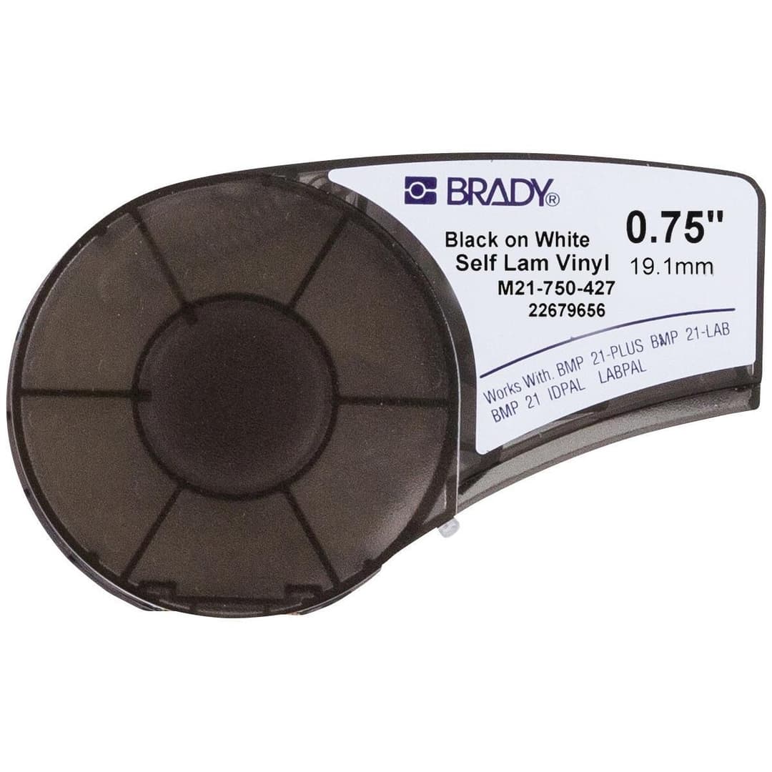 Brady M21-750-427 Self-Laminating Vinyl Label Tape 19.05mm x 4.30m Black on White/Clear for M210/M211/BMP21-PLUS/BMP21-LAB/BMP21 - Image 1