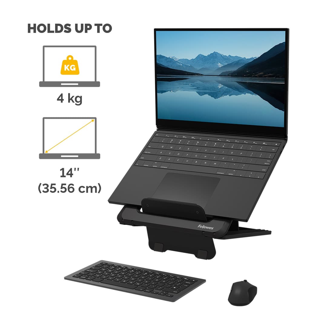 Fellowes Laptop Stand for Desk - Breyta Adjustable Laptop Riser for Home and Office - Portable Laptop Stand with 12 Height Adjustments - Max Laptop Size 14", Max Weight 4KG - Black - Image 3