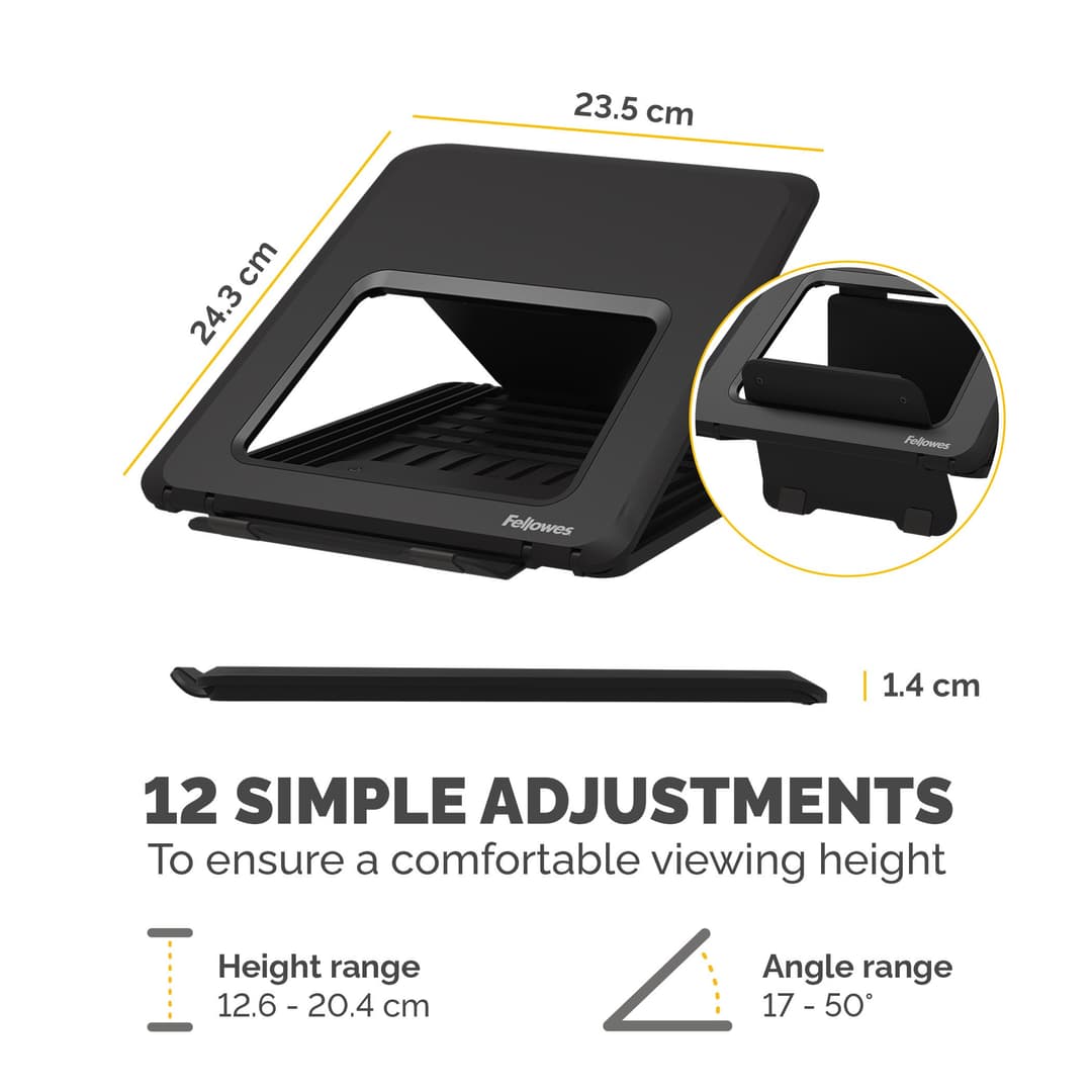 Fellowes Laptop Stand for Desk - Breyta Adjustable Laptop Riser for Home and Office - Portable Laptop Stand with 12 Height Adjustments - Max Laptop Size 14", Max Weight 4KG - Black - Image 4