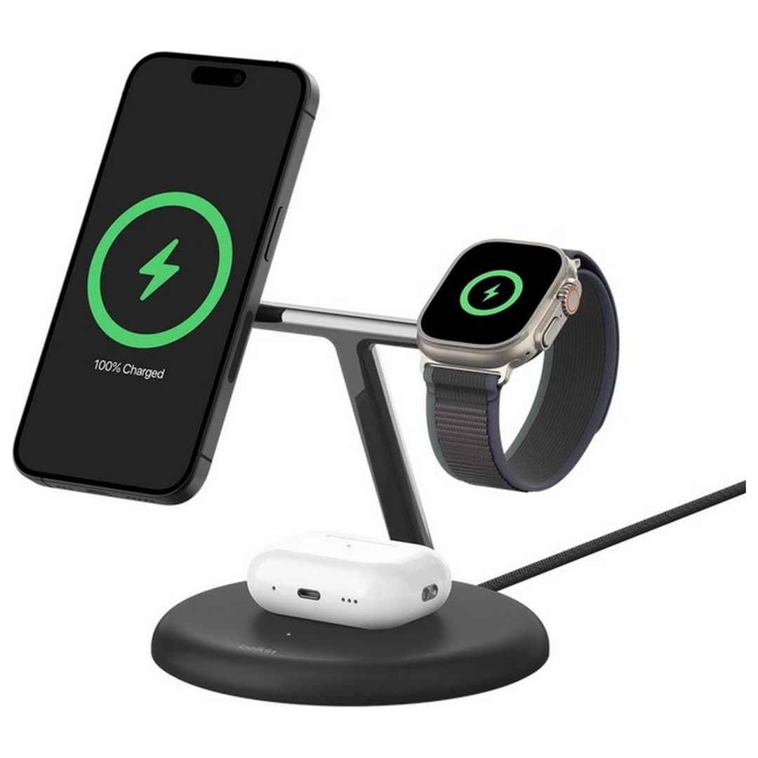 Belkin 3 in 1 MagSafe Compatible Qi2 Wireless Charger -Black - Image 1