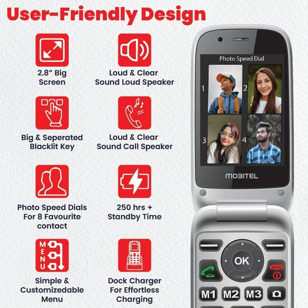 Mobitel 8010 4G Senior Mobile Phone Flip Design Loud Speaker Charging Dock Red - Image 2