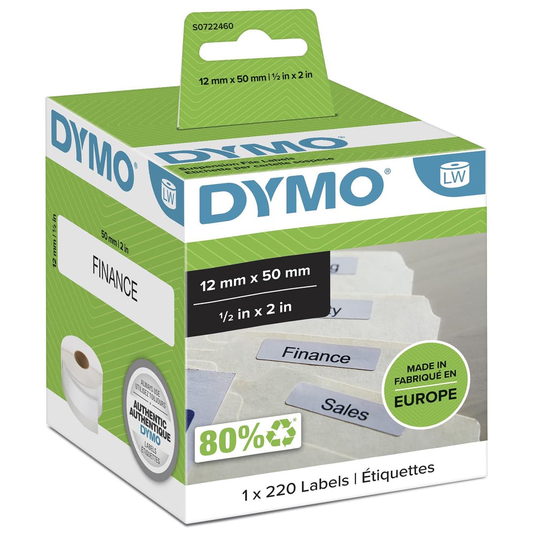 DYMO Authentic LabelWriter Suspension File Labels | 12mm x 50mm | Roll of 220 Easy-Peel Labels | Self-Adhesive | for LabelWriter Label Makers - Image 1