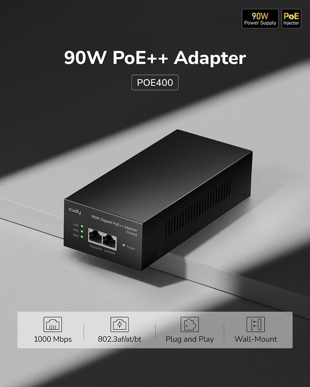 Cudy POE400 Gigabit PoE++ Injector - Black - Image 2