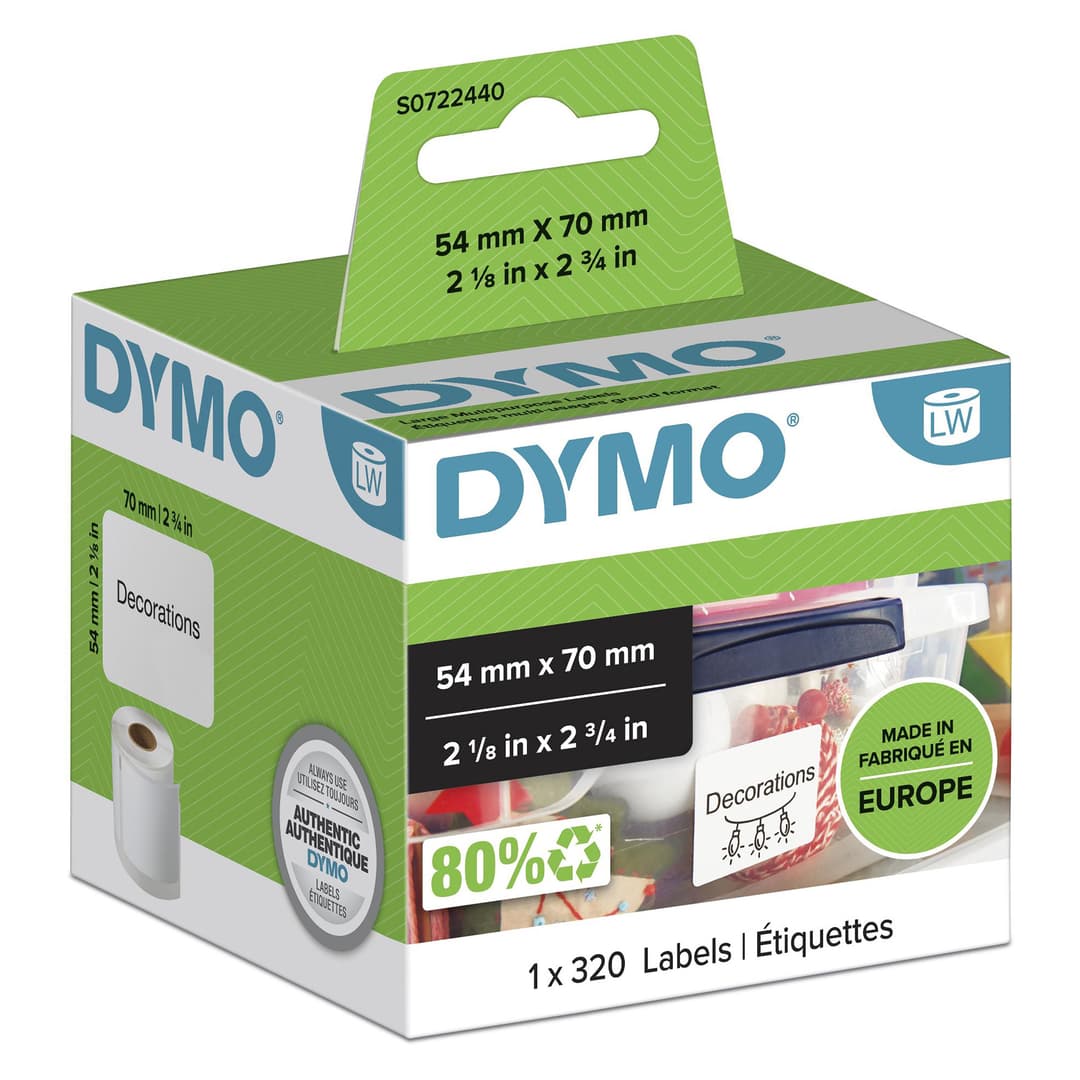 DYMO Authentic LabelWriter Multi-Purpose Labels | 54 mm x 70 mm | Self Adhesive | Roll of 320 Easy-Peel Labels | for LabelWriter Label Makers | Made in Europe - Image 1