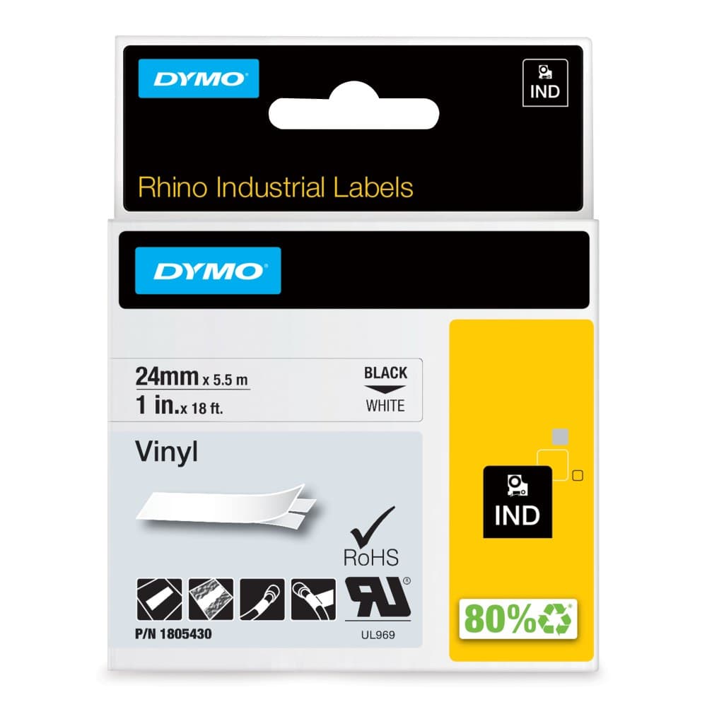 Dymo 1805430 Rhino Industrial Vinyl Tape 24mm x 5.5m Black on White - Image 1