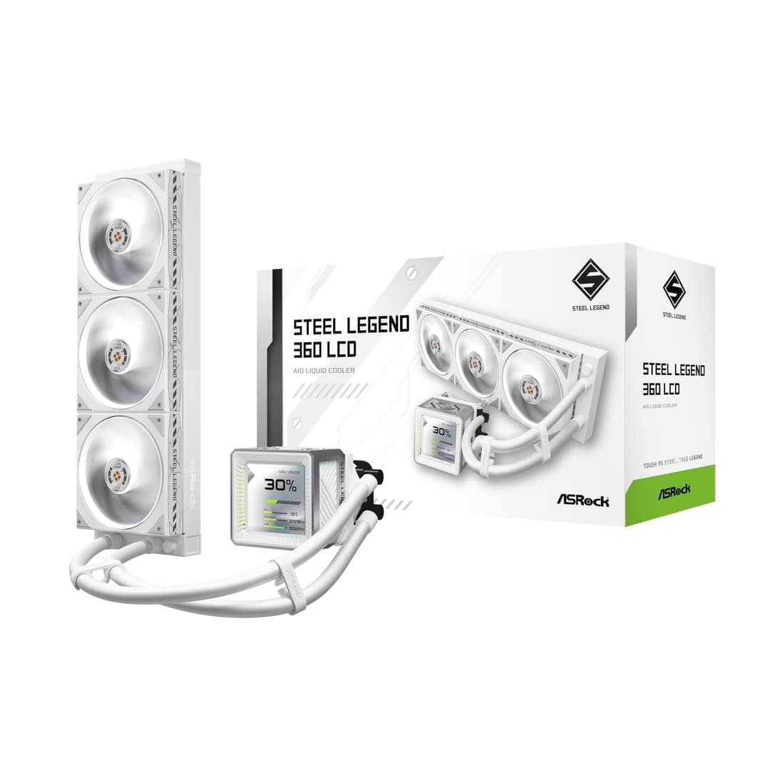 ASRock Steel Legend 360 LCD All-in-One Liquid CPU Cooler, 360mm Radiator, 3.4" LCD - White - Image 1