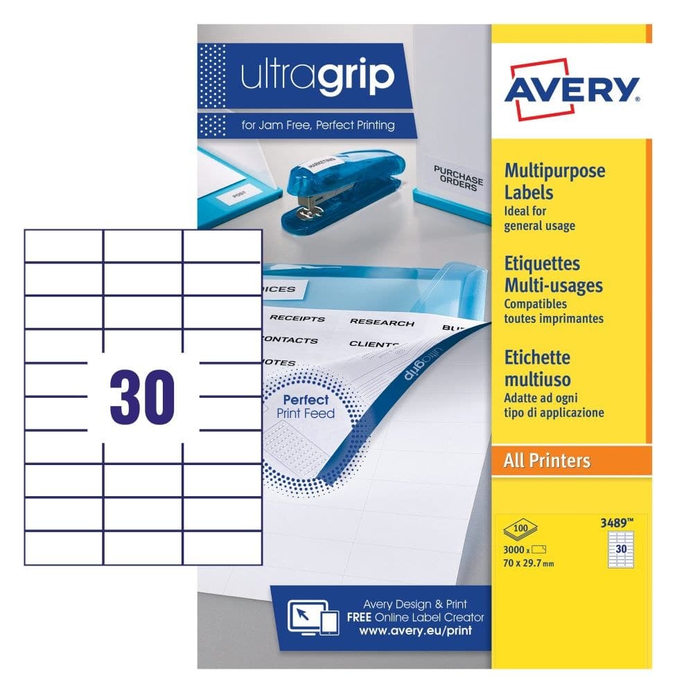 Avery 3489 Multipurpose Labels 100 A4 sheets - 30 White Labels per Sheet - Image 1