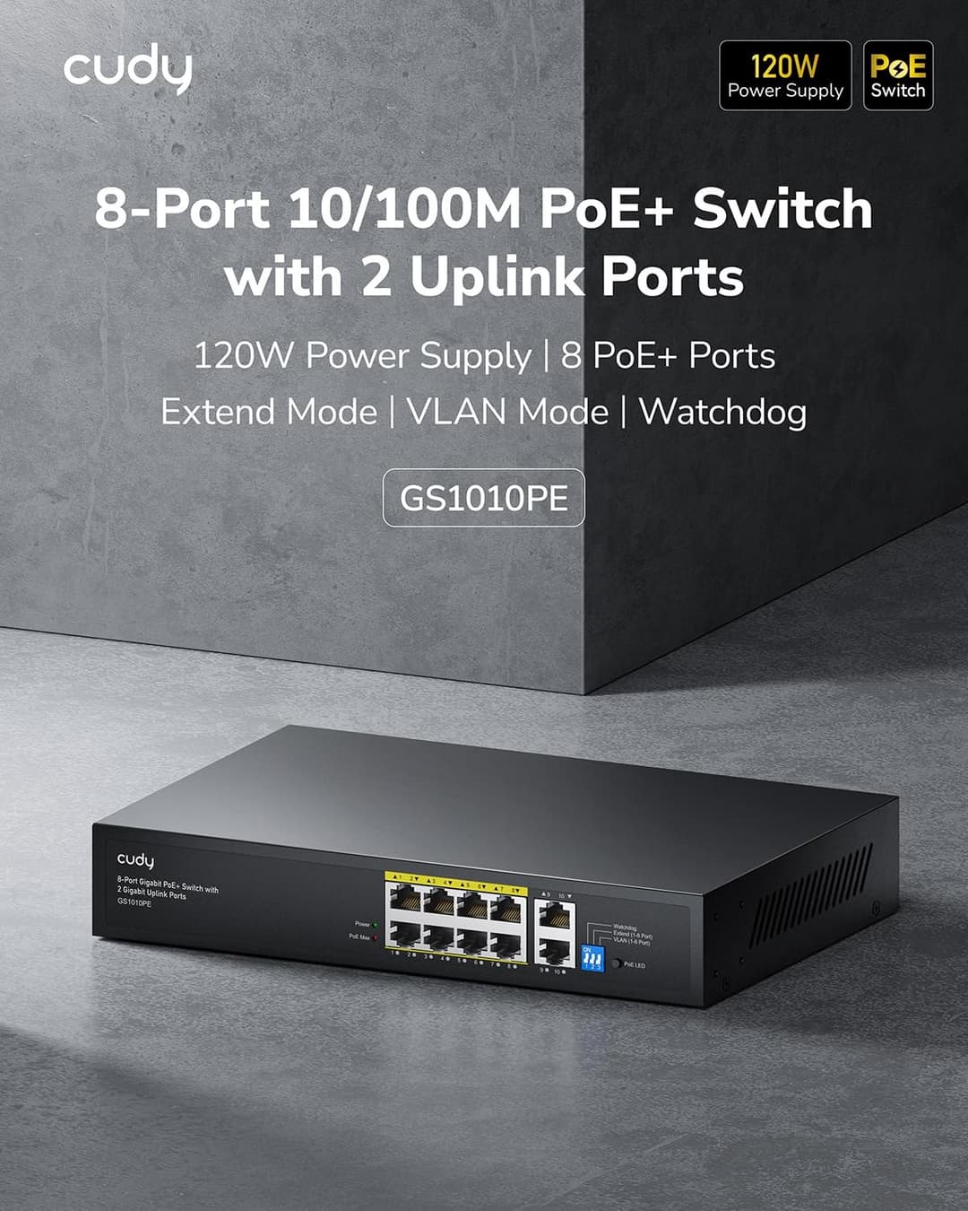 Cudy 10 Port Gigabit PoE+ Unmanaged Switch GS1010PE - Black - Image 2