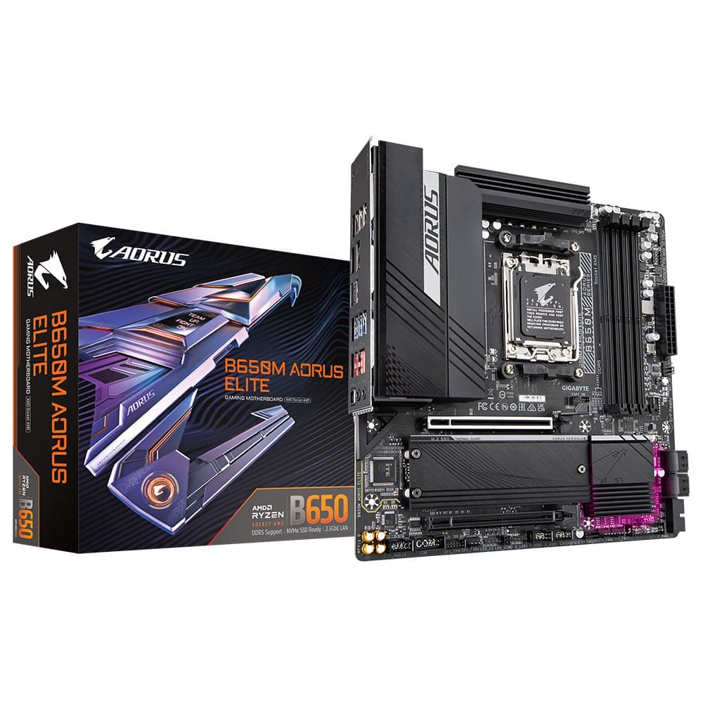 GIGABYTE B650M AORUS ELITE Motherboard - AMD Ryzen 9000 CPUs, 12+2+2 Phases VRM, up to 8000MHz DDR5, 1xPCIe 5.0 + 1xPCIe 4.0 M.2, 2.5GbE LAN, USB 3.2 Gen 2x2 - Image 1