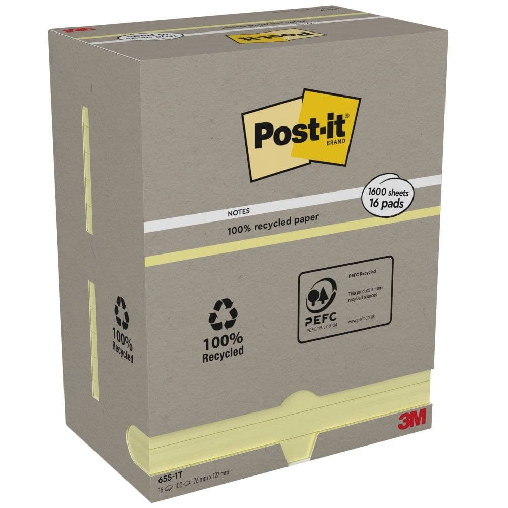 Post-it 655-1T Pack of 16 Recycled Notes 76x127 mm 100 Sheets Canary Yellow - Image 1