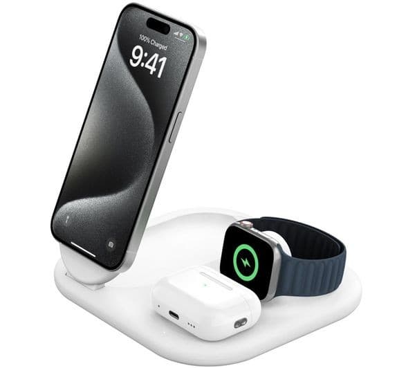 Belkin BoostCharge 3-in-1 Magnetic Foldable Qi2 15W Wireless Charger - White, UK Plug - Image 1