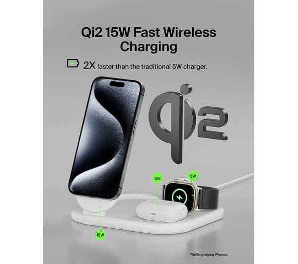 Belkin BoostCharge 3-in-1 Magnetic Foldable Qi2 15W Wireless Charger - White, UK Plug - Image 3
