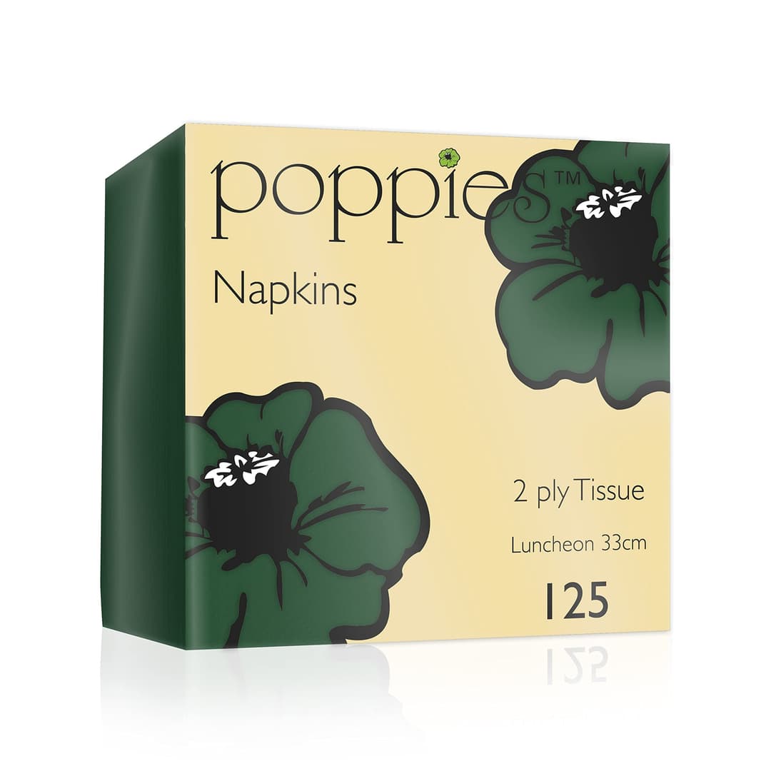 Poppies Forest Green Napkins 33cm 2ply - Pack of 125 | Disposable Party Napkins, Paper Napkins, Dinner Napkins Luncheon - Image 1