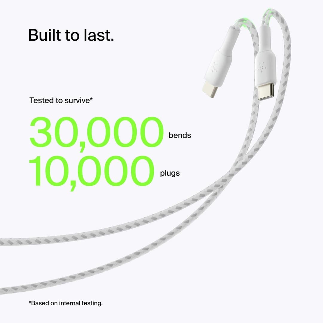 Belkin Braided USB C to USB A 2m Charging Cable - White - Image 3