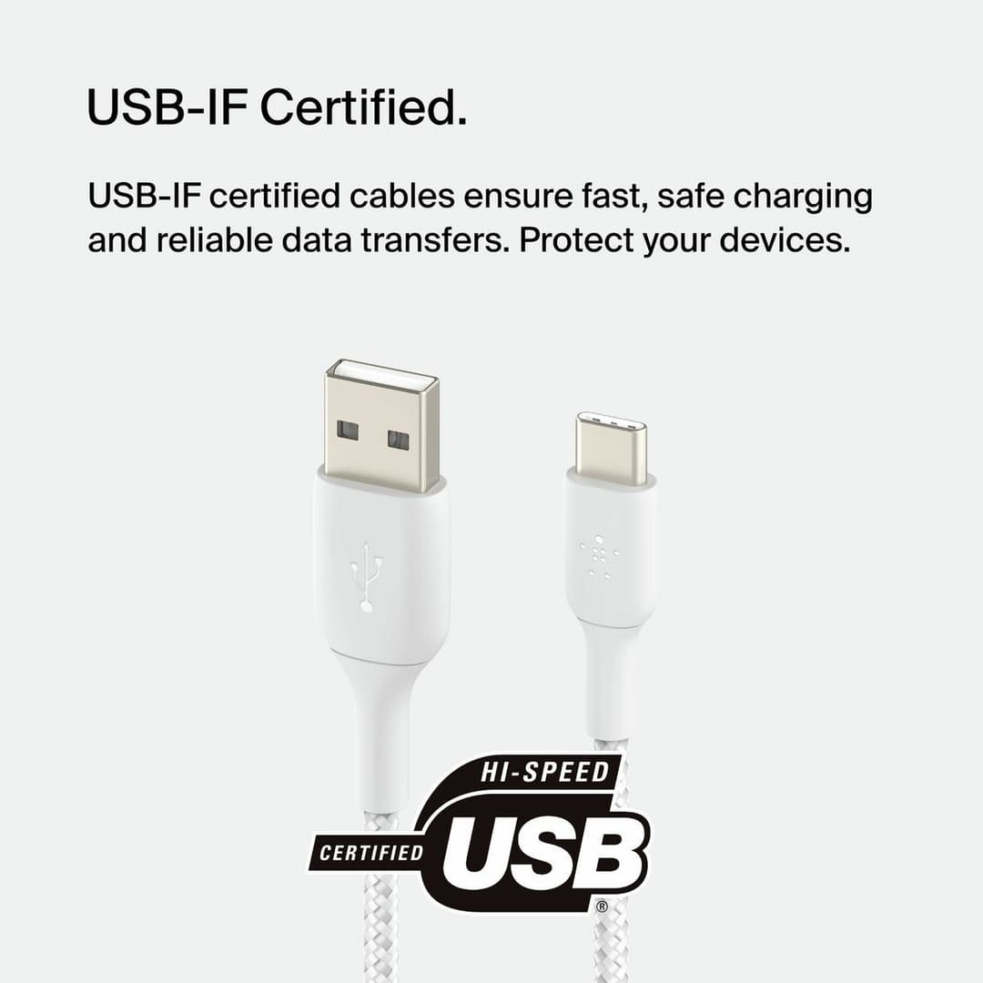 Belkin Braided USB C to USB A 2m Charging Cable - White - Image 5