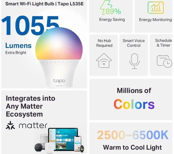 TP-LINK Tapo L535E Smart WiFi Light Bulb - Multicolour, E27, A60 - Image 3
