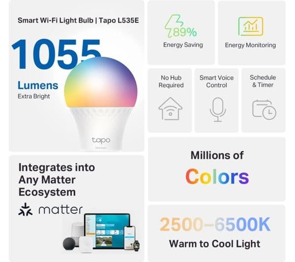 TP-LINK Tapo L535E Smart WiFi Light Bulb - Multicolour, E27, A60 - Image 5