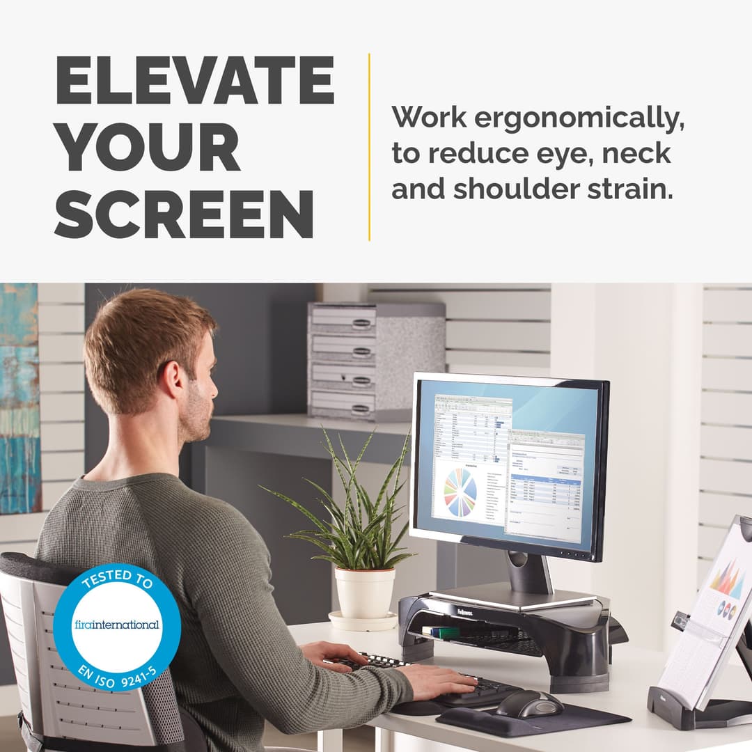 Fellowes Computer Monitor Stand with 3 Height Adjustments - Smart Suites Monitor Riser Plus with Storage Area - Ergonomic Adjustable Monitor Stand for Computers - Max Weight 10KG/Max Size 21" - Black - Image 2