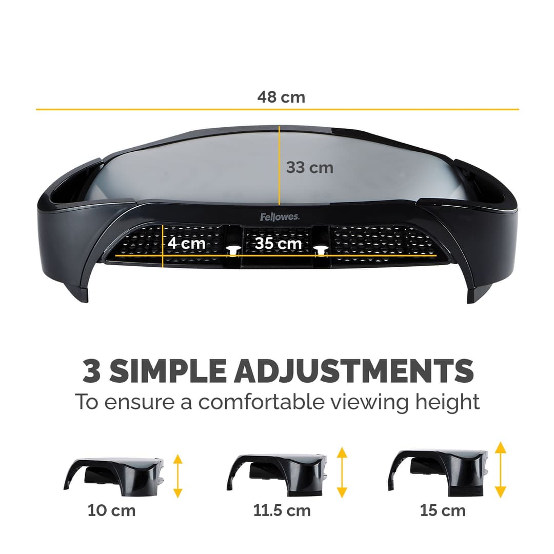 Fellowes Computer Monitor Stand with 3 Height Adjustments - Smart Suites Monitor Riser Plus with Storage Area - Ergonomic Adjustable Monitor Stand for Computers - Max Weight 10KG/Max Size 21" - Black - Image 4