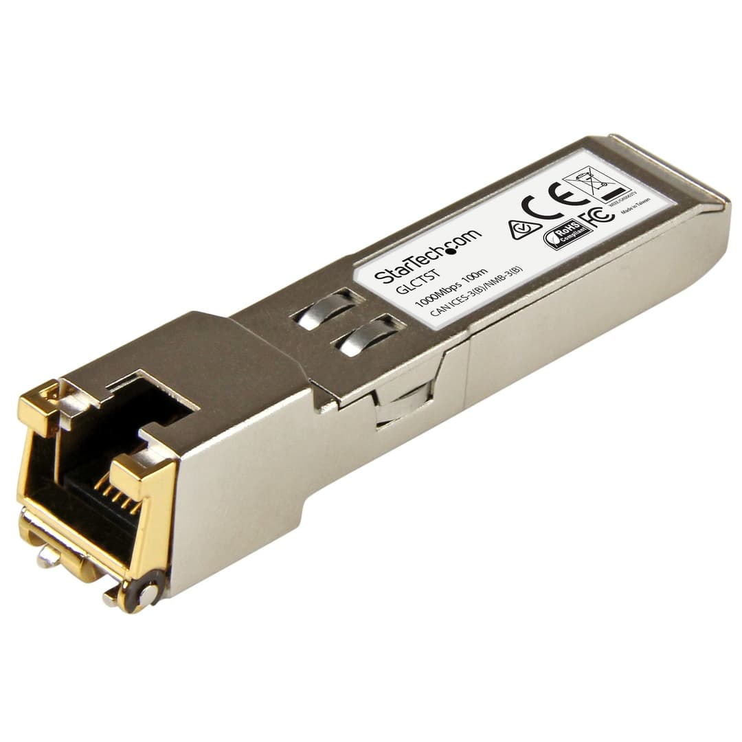StarTech.com Cisco GLC-T Compatible SFP Transceiver Module - 1000BASE-T~Cisco GLC-T Compatible SFP Module - 1000BASE-T - SFP to RJ45 Cat6/Cat5e - 1GE Gigabit Ethernet SFP - RJ-45 100m - Cisco Firepower, ASR920, IE2000 - Image 1
