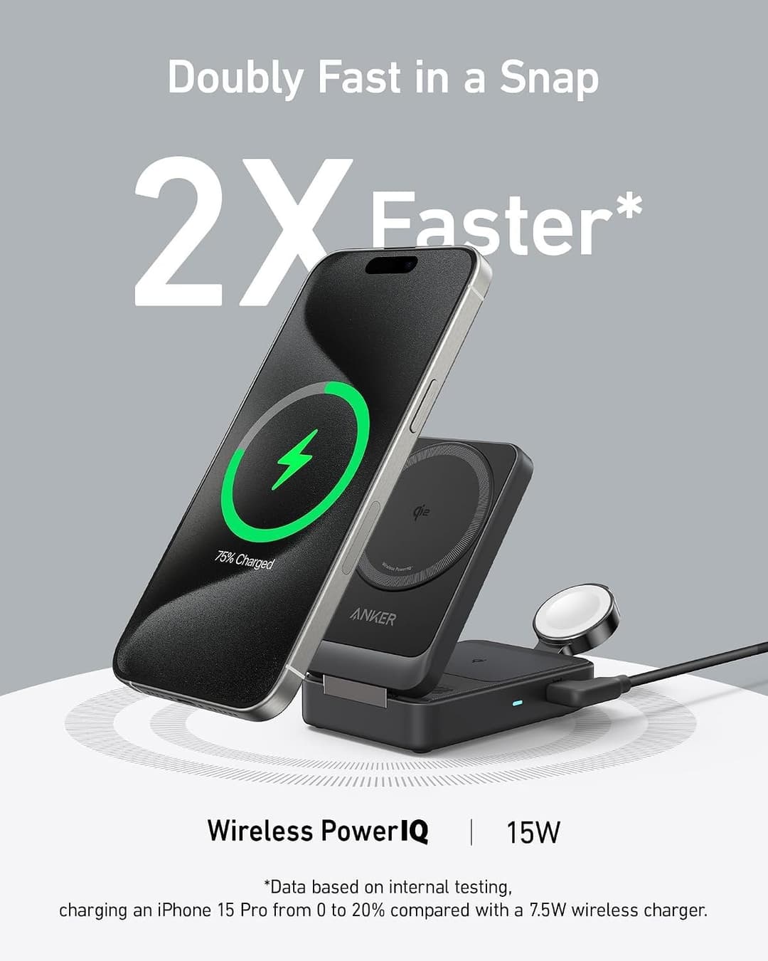 Anker MagGo 3-in-1 Wireless Charging Station, MagSafe-Compatible Qi2 Certified 15W Wireless Stand with Apple Watch and AirPods Support, For iPhone 17/16/15 Series and More (40W USB C Charger Included) - Image 4